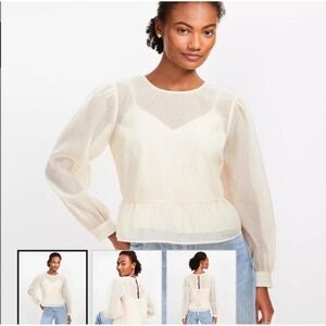 Womens LOFT Peplum Feather Print Sheer See Through Tie Back Top Blouse‎